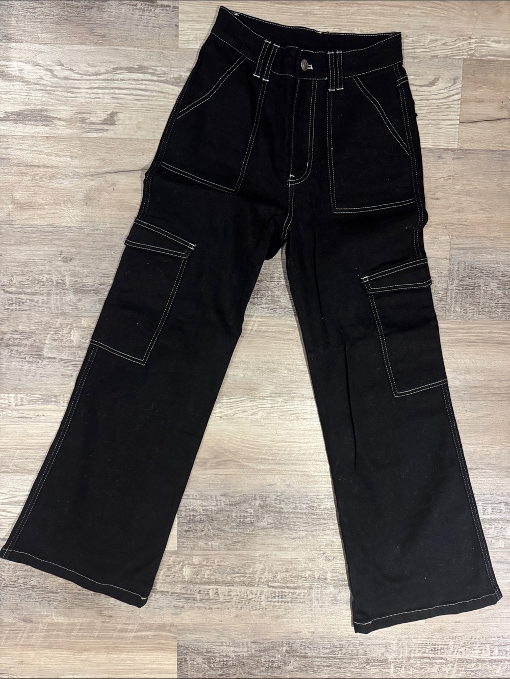 Altar'd State Black Bootcut Cargo Jeans with White Contrast Stitching